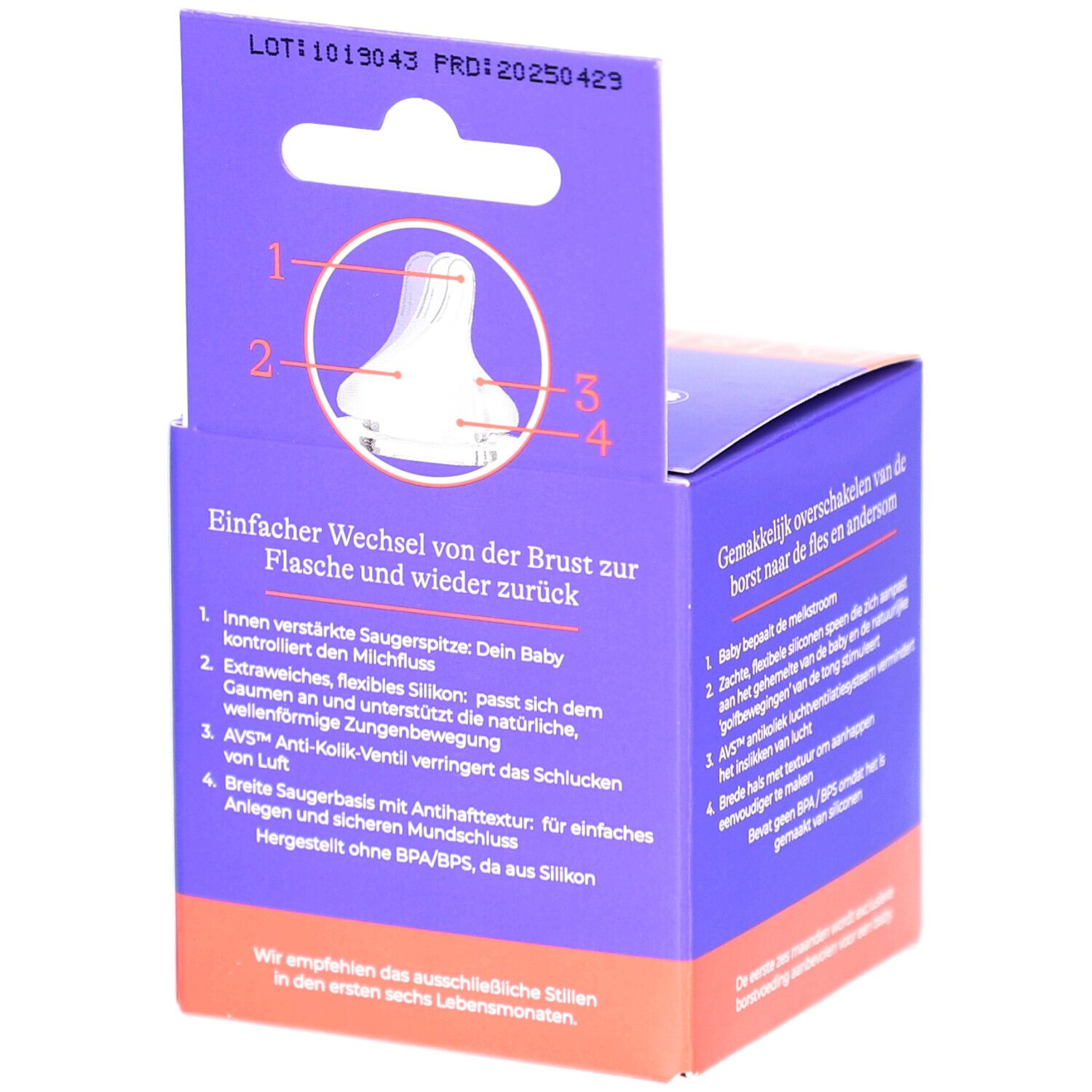 Dos de la boîte Lansinoh NaturalWave. Informations en allemand. 2 tétines. Sans BPA/BPS. Pour bébé.
