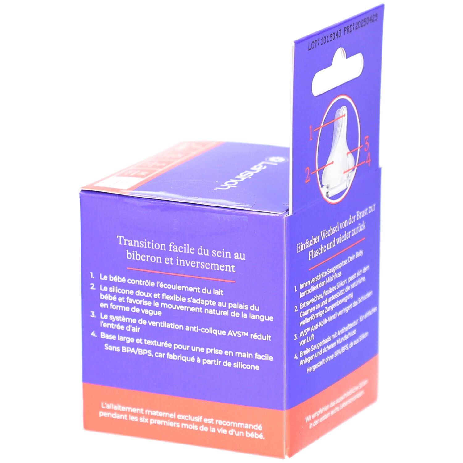 Boîte Lansinoh NaturalWave avec informations en français. 2 tétines. Sans BPA/BPS. Pour bébé.