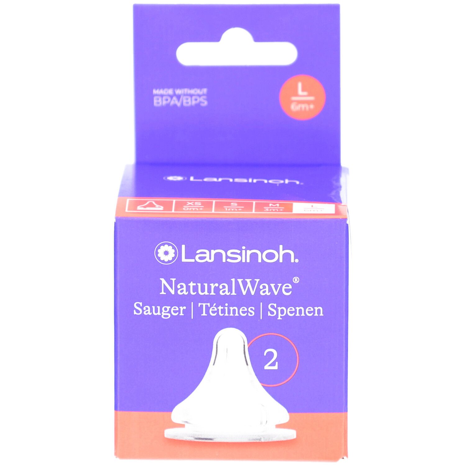 Boîte violette Lansinoh NaturalWave avec 2 tétines. Taille L/6m+. Sans BPA/BPS. Produit pour bébé.