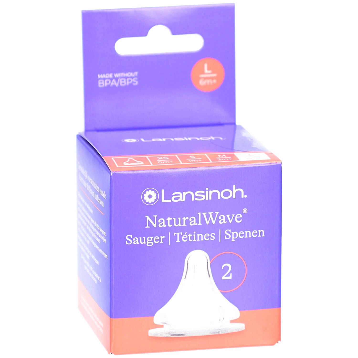Boîte violette Lansinoh NaturalWave avec 2 tétines. Taille L/6m+. Sans BPA/BPS. Produit pour bébé.