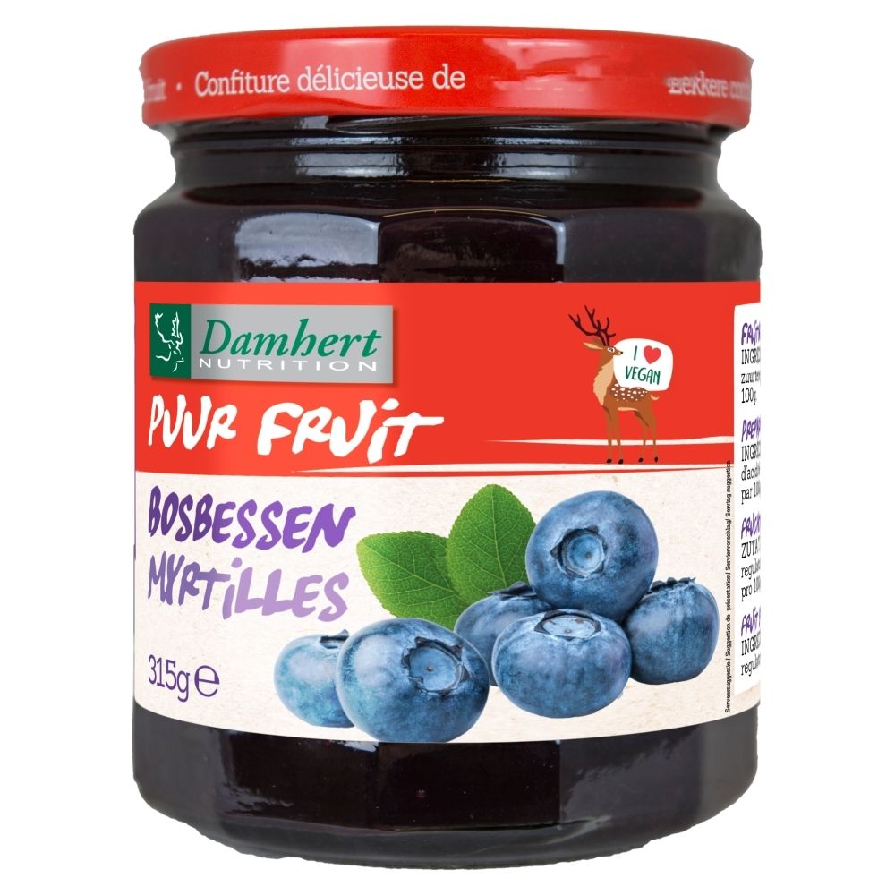 Damhert Puur Fruit Bosbessenjam pot met hele bosbessen.