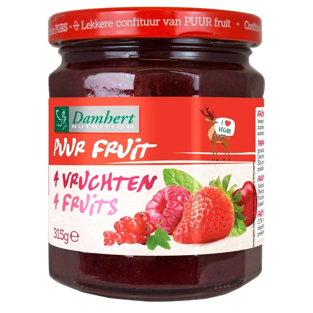 Bocal de confiture Damhert Nutrition Pur Fruit 4 Fruits, 315g. Couvercle rouge, étiquette avec fruits et logo cerf.
