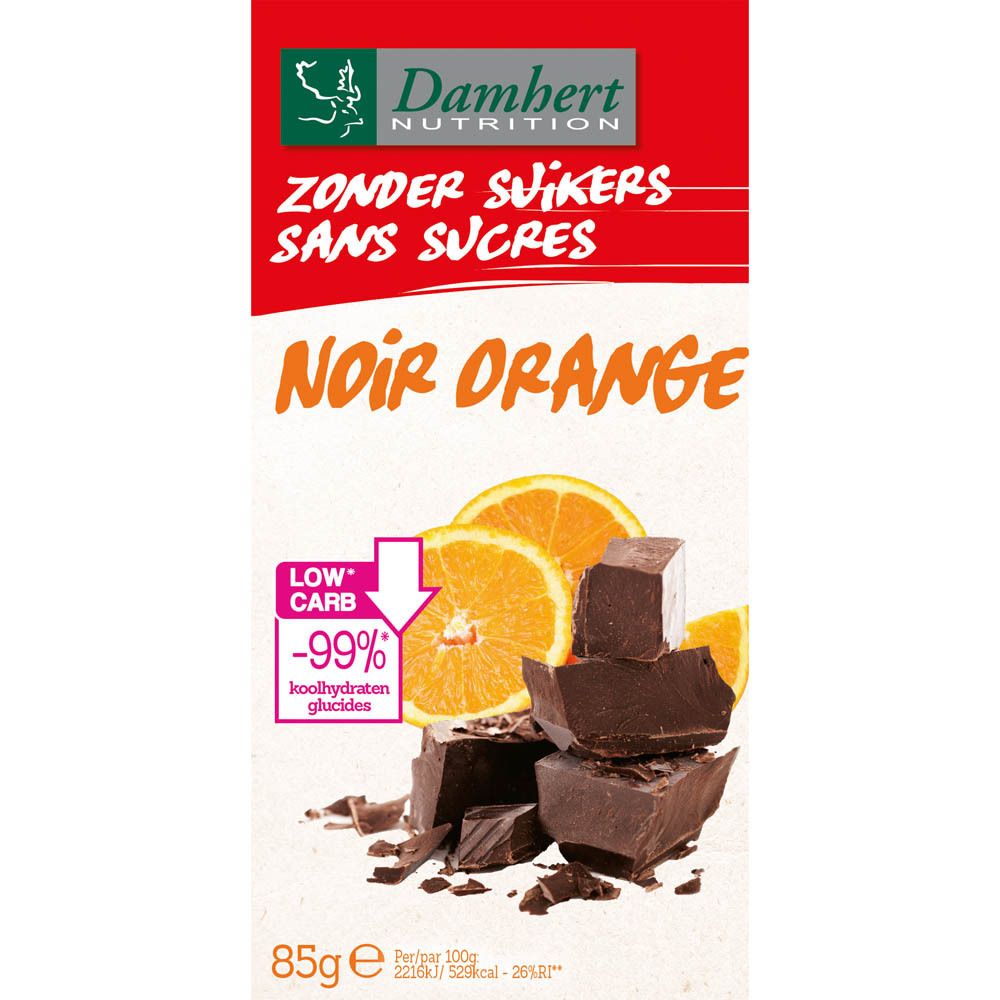 Chocoladereep met sinaasappelstukjes. Opschrift "Noir Orange" en "Zonder Suikers". Verpakking met rode en witte achtergrond. 85g.
