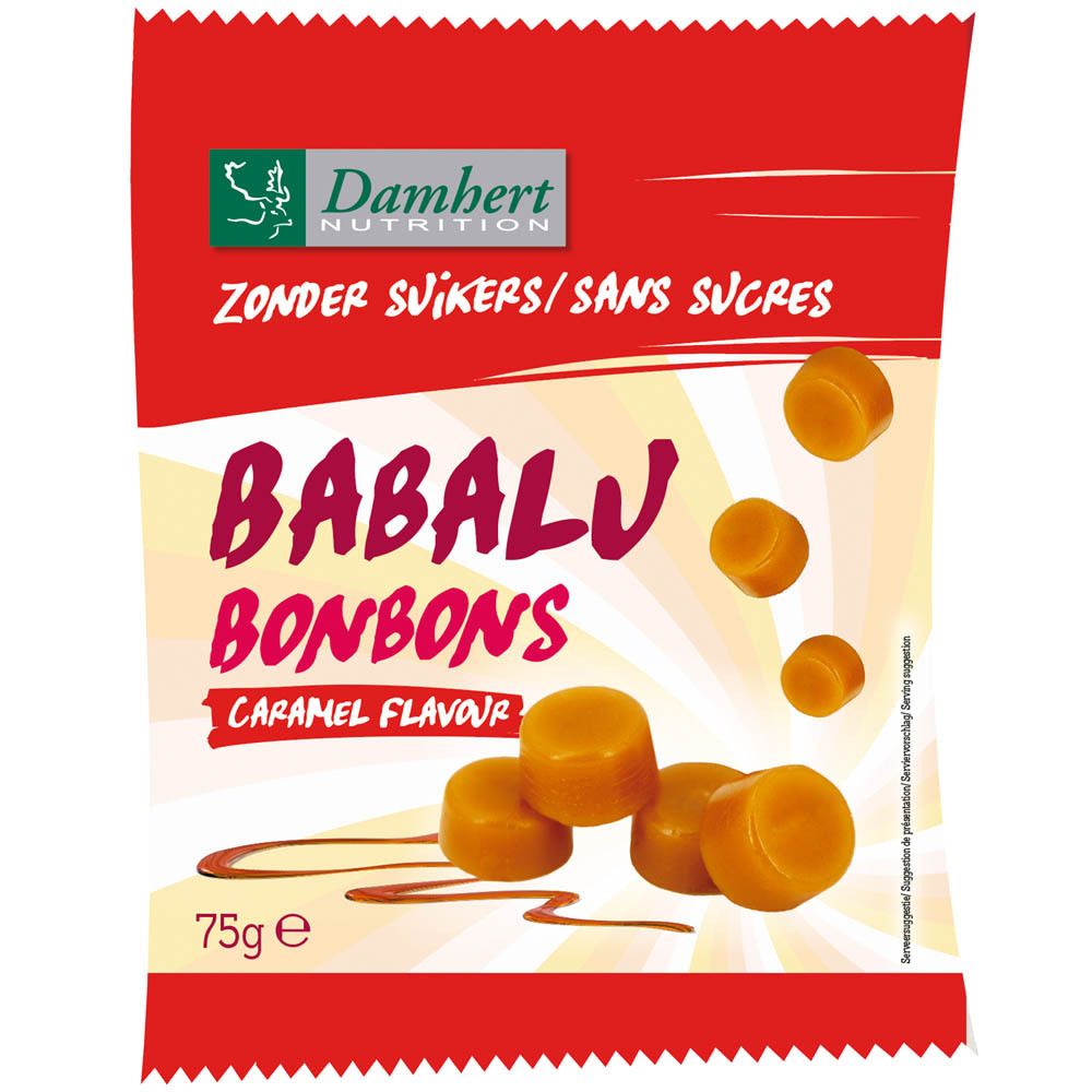 Snoepjes in rode verpakking. Opschrift: Damhert, Babalu Bonbons, zonder suiker, karamelsmaak, 75g.