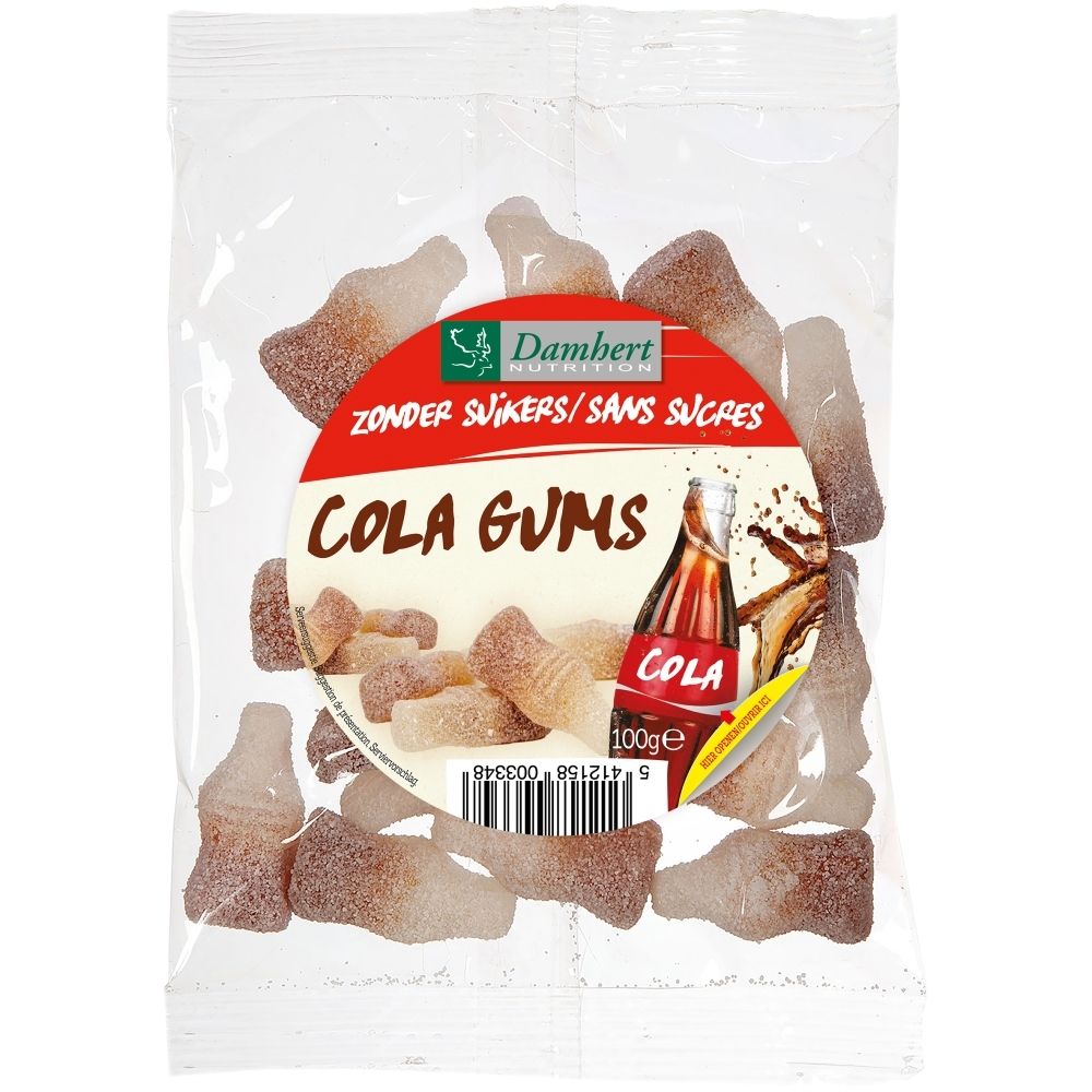 Bonbons gélifiés en forme de bouteille de cola, sans sucre, l'étiquette indique 'Sans Sucres'.