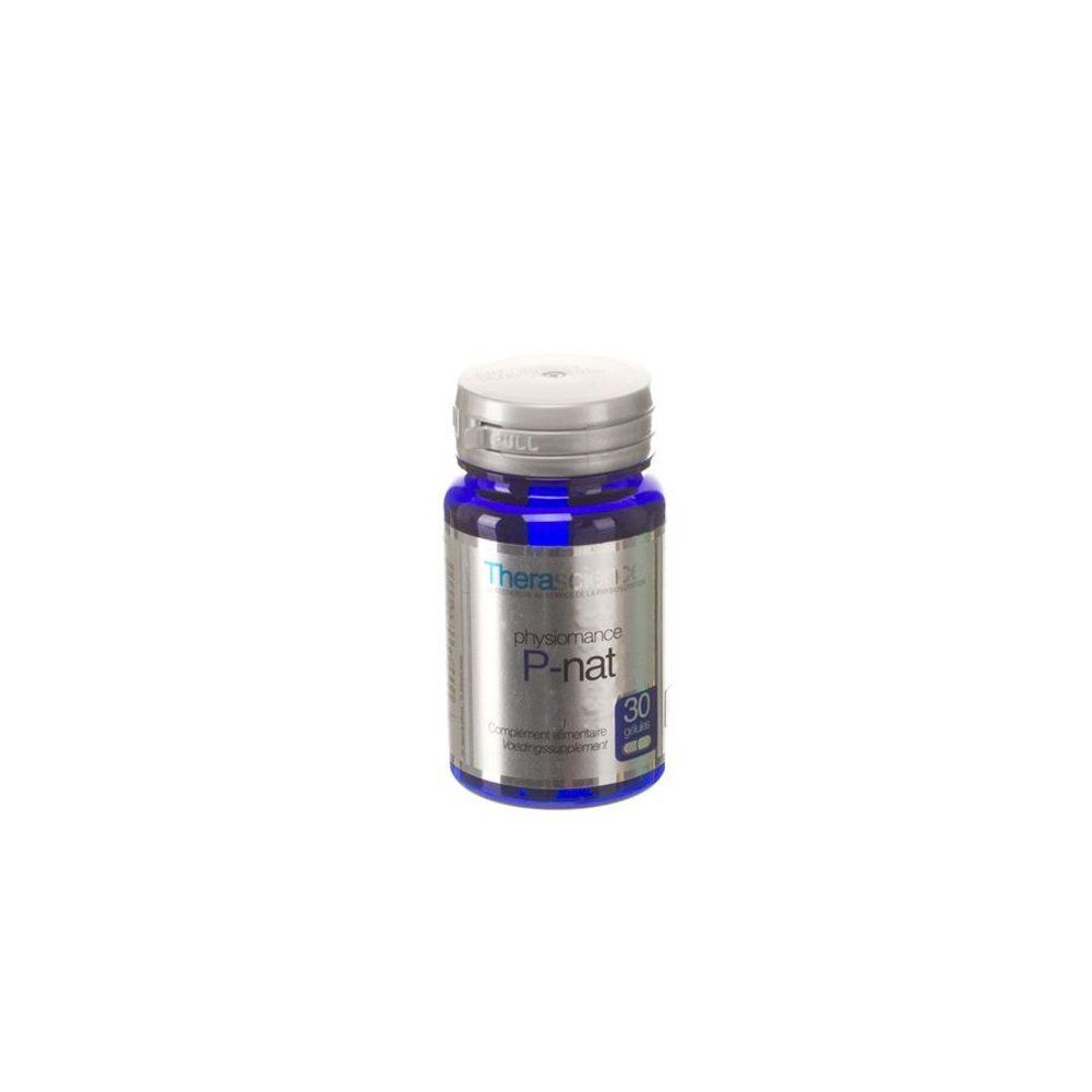 Flacon bleu avec bouchon argenté. Inscription: Physiomance P-nat. Contient 30 comprimés.