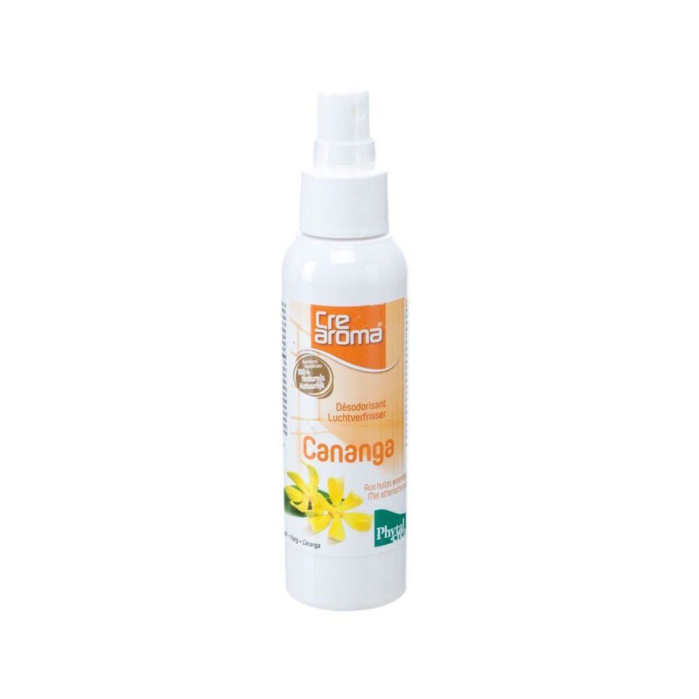 Flacon spray blanc avec inscription Crearoma, Cananga et illustration florale. Nom du produit et logo visibles.