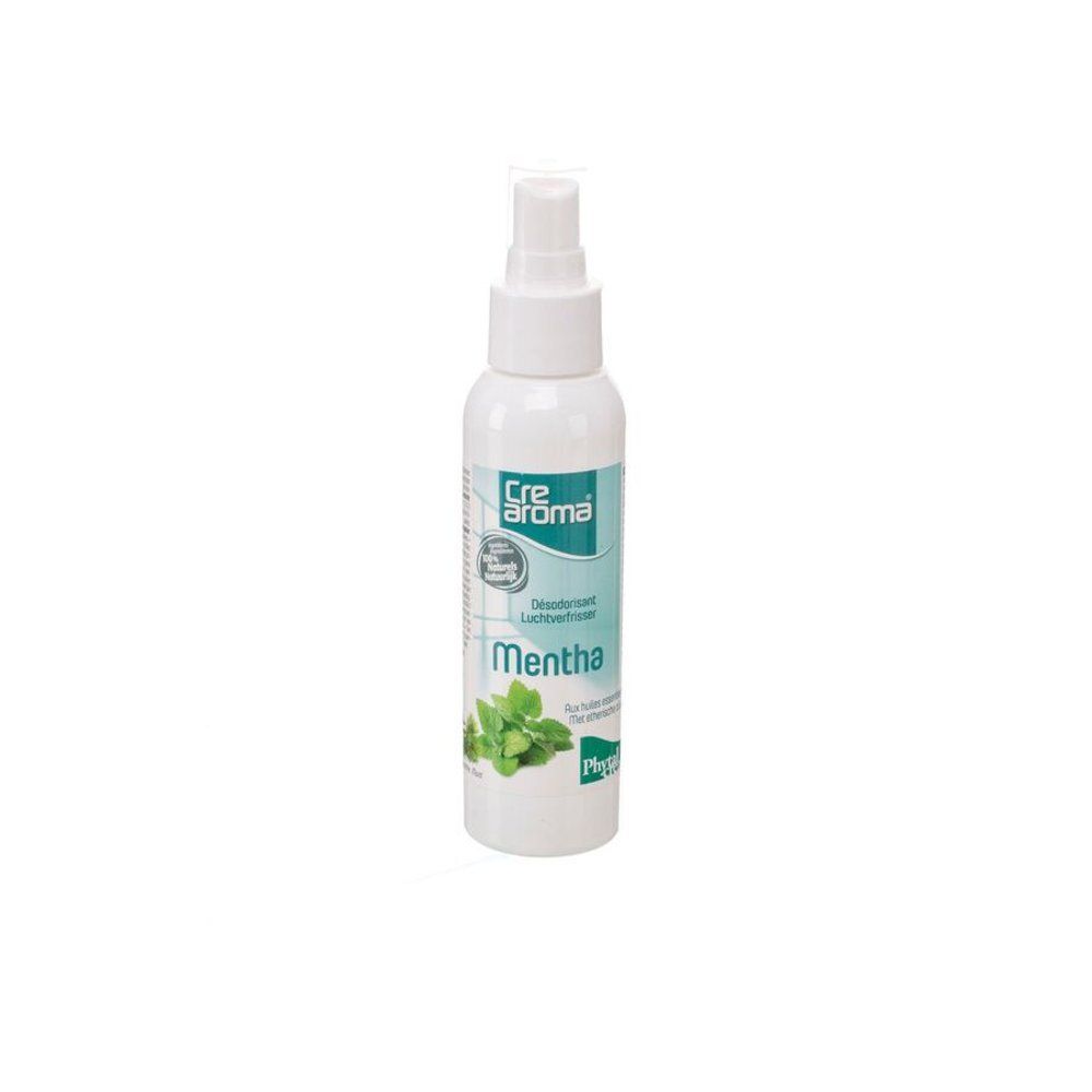 Spray blanc avec tête de pulvérisation. Inscription Crearoma, Mentha et illustration de feuilles de menthe. Nom du produit : Désodorisant rafraîchisseur d'air.