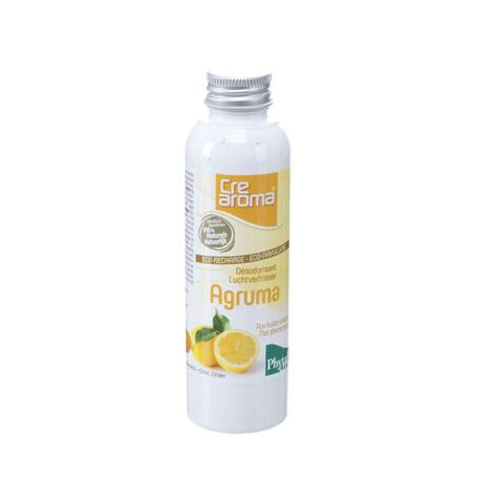 Flacon blanc avec bouchon argenté. Étiquette avec nom du produit Agruma et illustration de citron. Marque Crearoma.