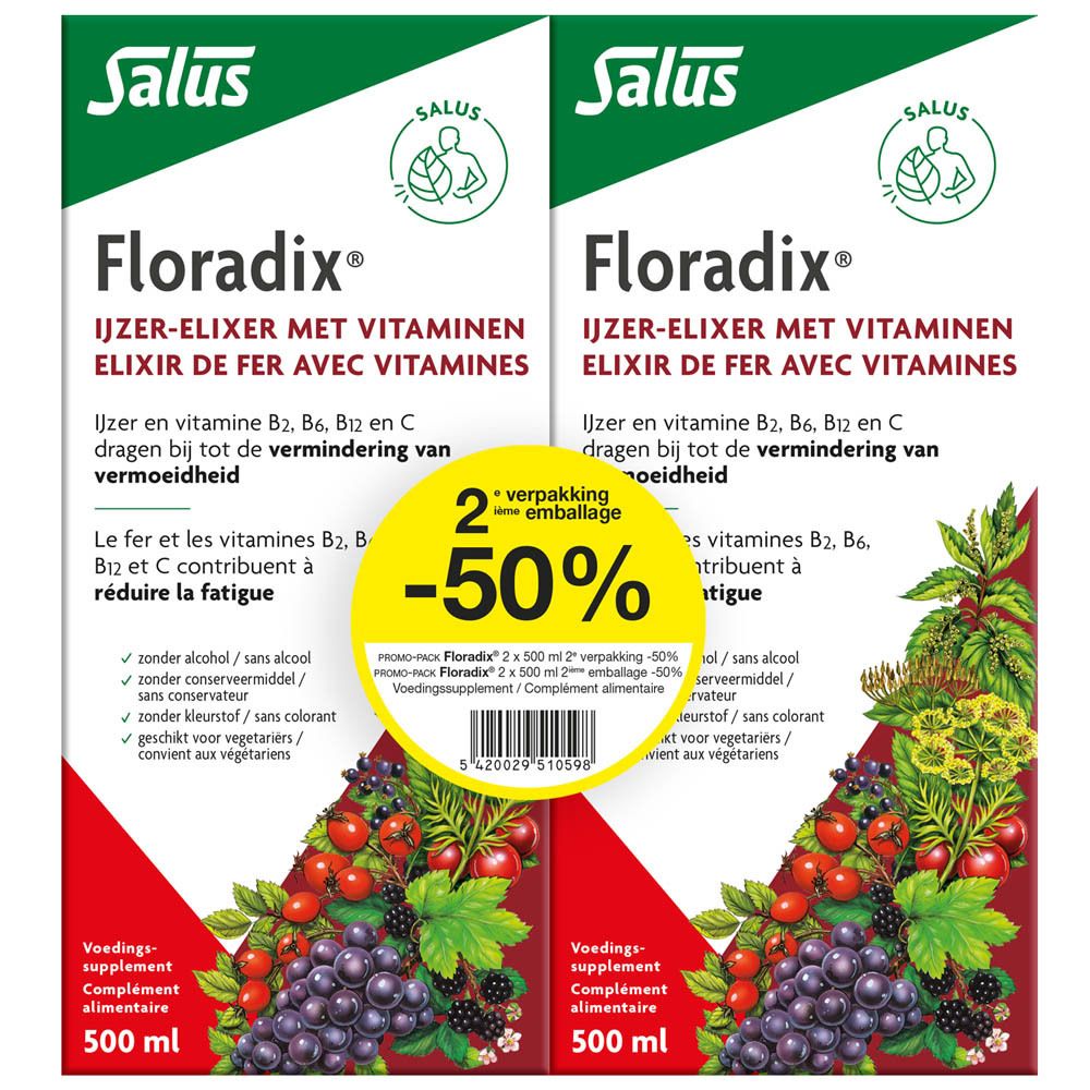 Salus Floradix Vloeibaar ijzer-elixir met vitaminen, fles van 500 ml. Zonder conserveermiddelen, kleurstoffen, alcohol, lactose.