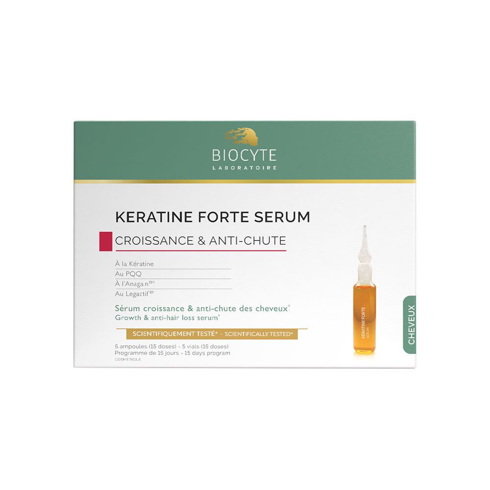 Boîte Biocyte Keratine Forte Serum. Contient des ampoules. Texte: Sérum croissance & anti-chute. Testé scientifiquement.