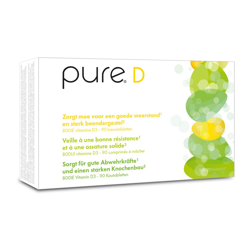 Boîte blanche avec logo pure. D et formes vertes. Texte en allemand, français et néerlandais.