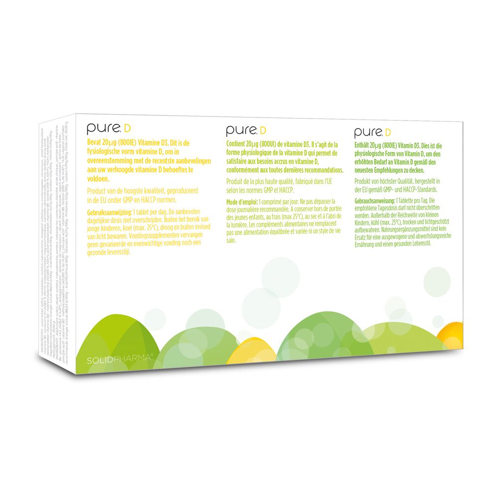 Achterkant van de witte doos met pure. D-logo. Tekst in het Duits, Frans en Nederlands.