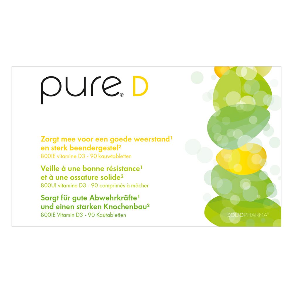 Witte doos met pure. D-logo en groene vormen. Tekst in het Duits, Frans en Nederlands.