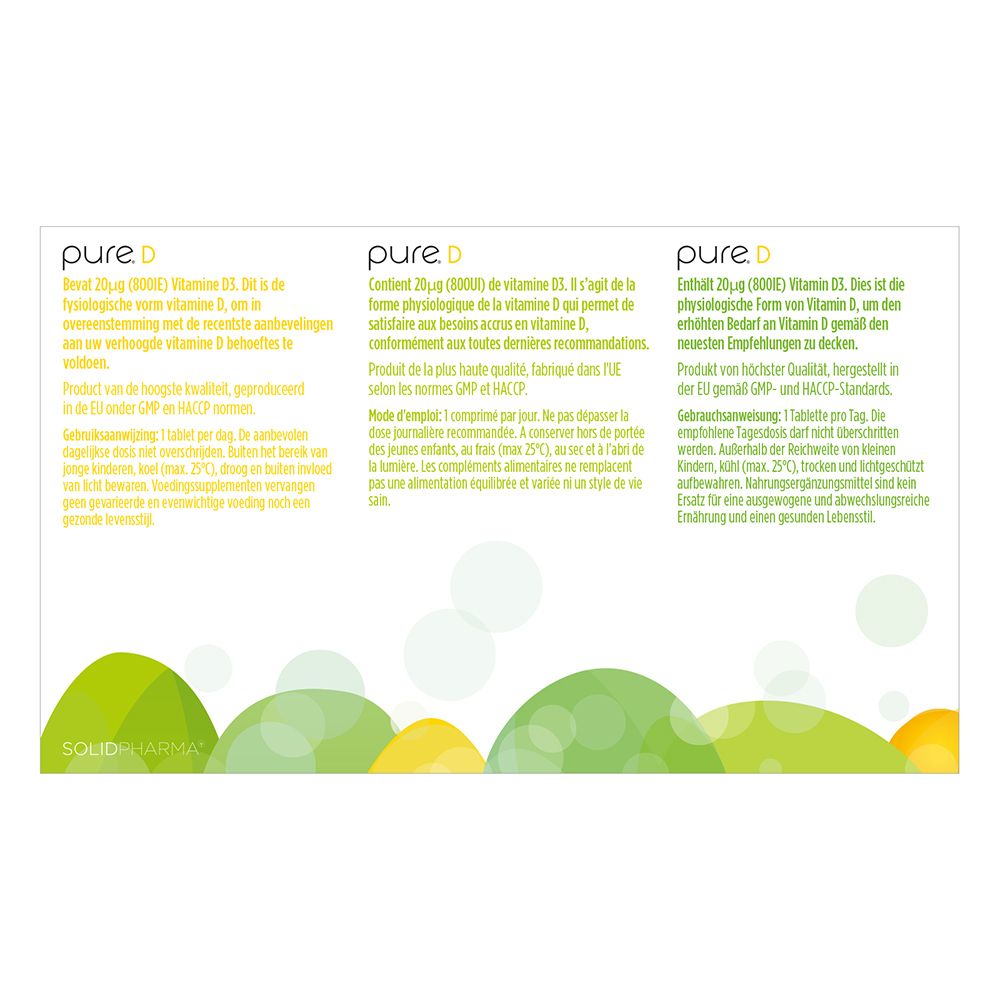 Achterkant van de witte doos met pure. D-logo. Tekst in het Duits, Frans en Nederlands.