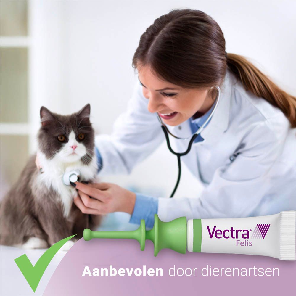 Dierenarts onderzoekt kat. Spot-on applicator ernaast. Tekst: Aanbevolen door dierenartsen. Productnaam op de tube.