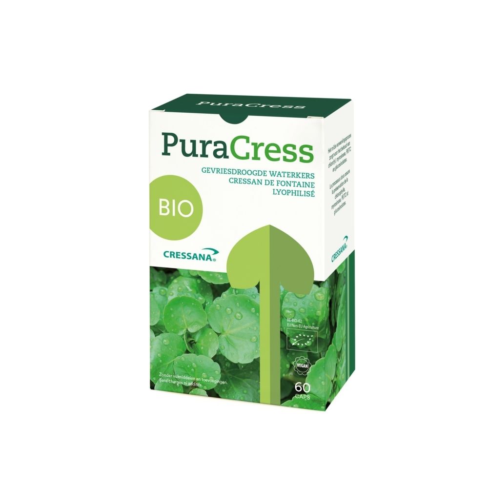 PuraCress verpakking met 60 capsules, 100% biologische gevriesdroogde waterkers.