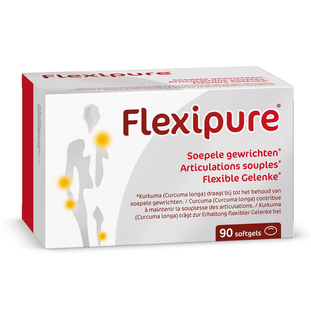 Flexipure-verpakking. Bevat 90 capsules. Informatie over ingrediënten en fabrikant op de verpakking.