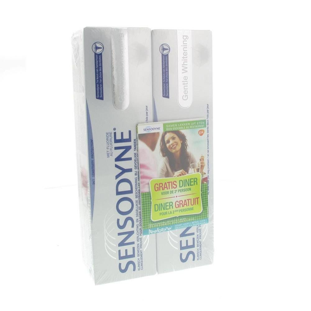 Twee verpakkingen Sensodyne Gentle Whitening tandpasta. Verpakking met "Gentle Whitening" en promotiekaart.