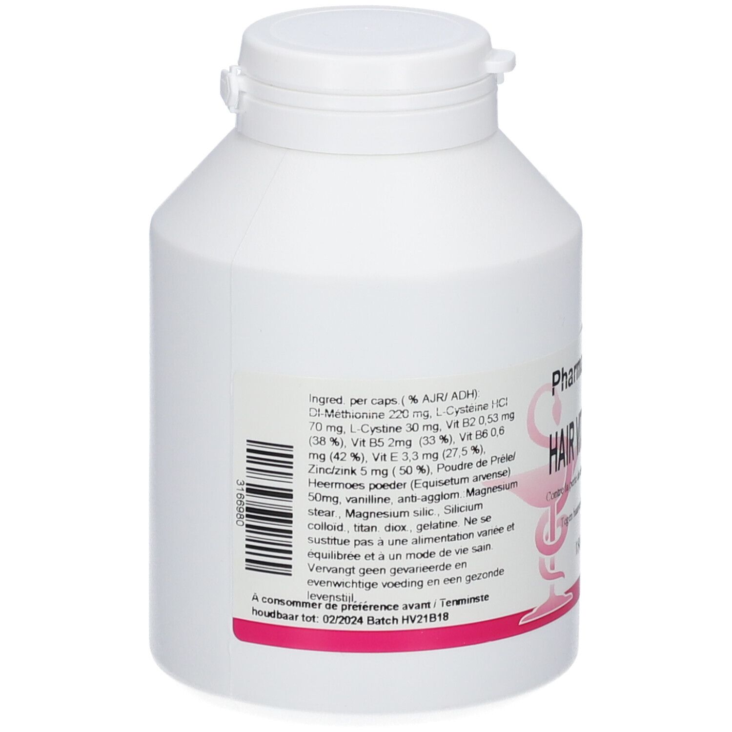 Witte fles met schroefdop. Roze etiket met ingrediënten en houdbaarheidsdatum. Streepjescode op de zijkant.