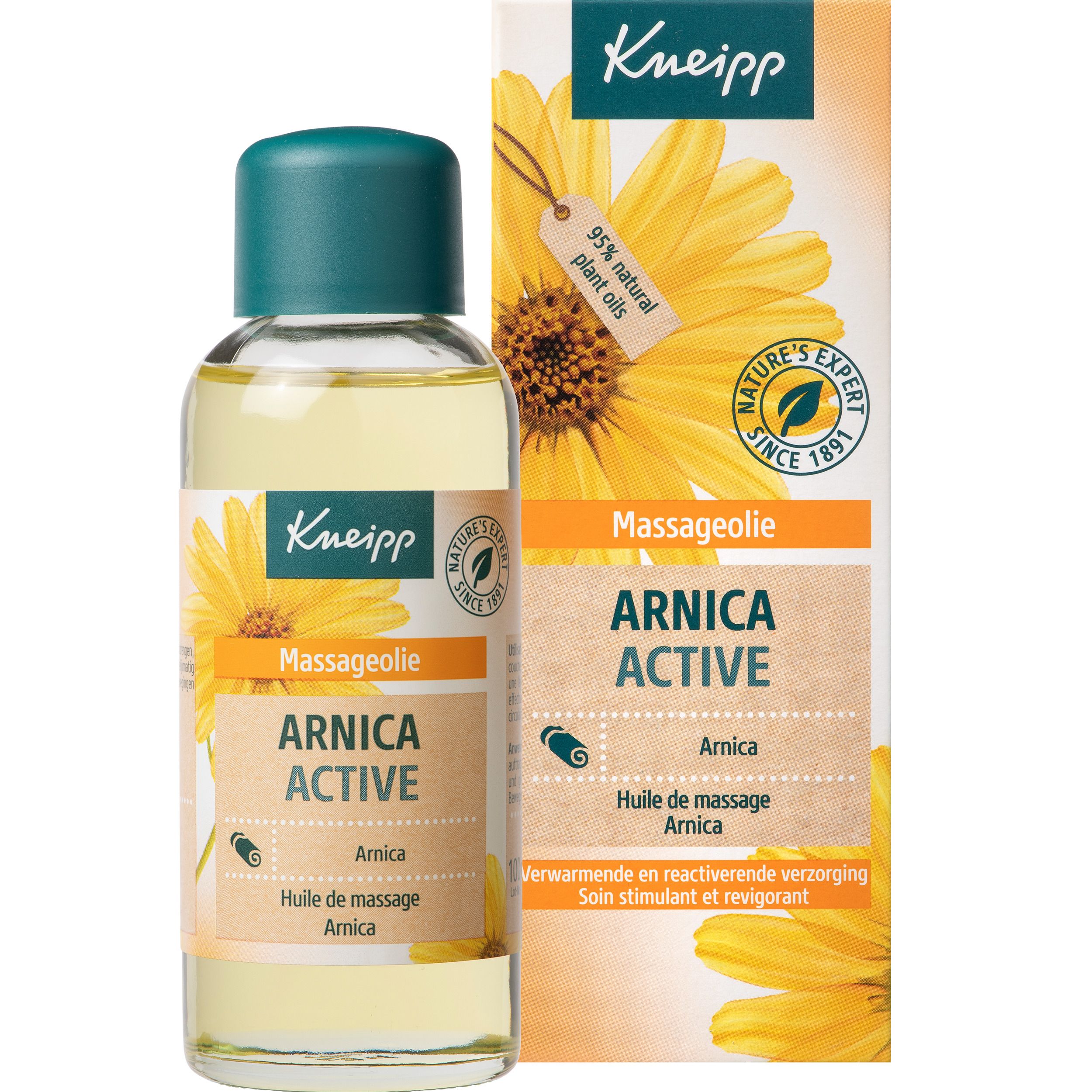 Huile de massage Arnica Kneipp®. Flacon avec bouchon vert et étiquette. Boîte avec informations.