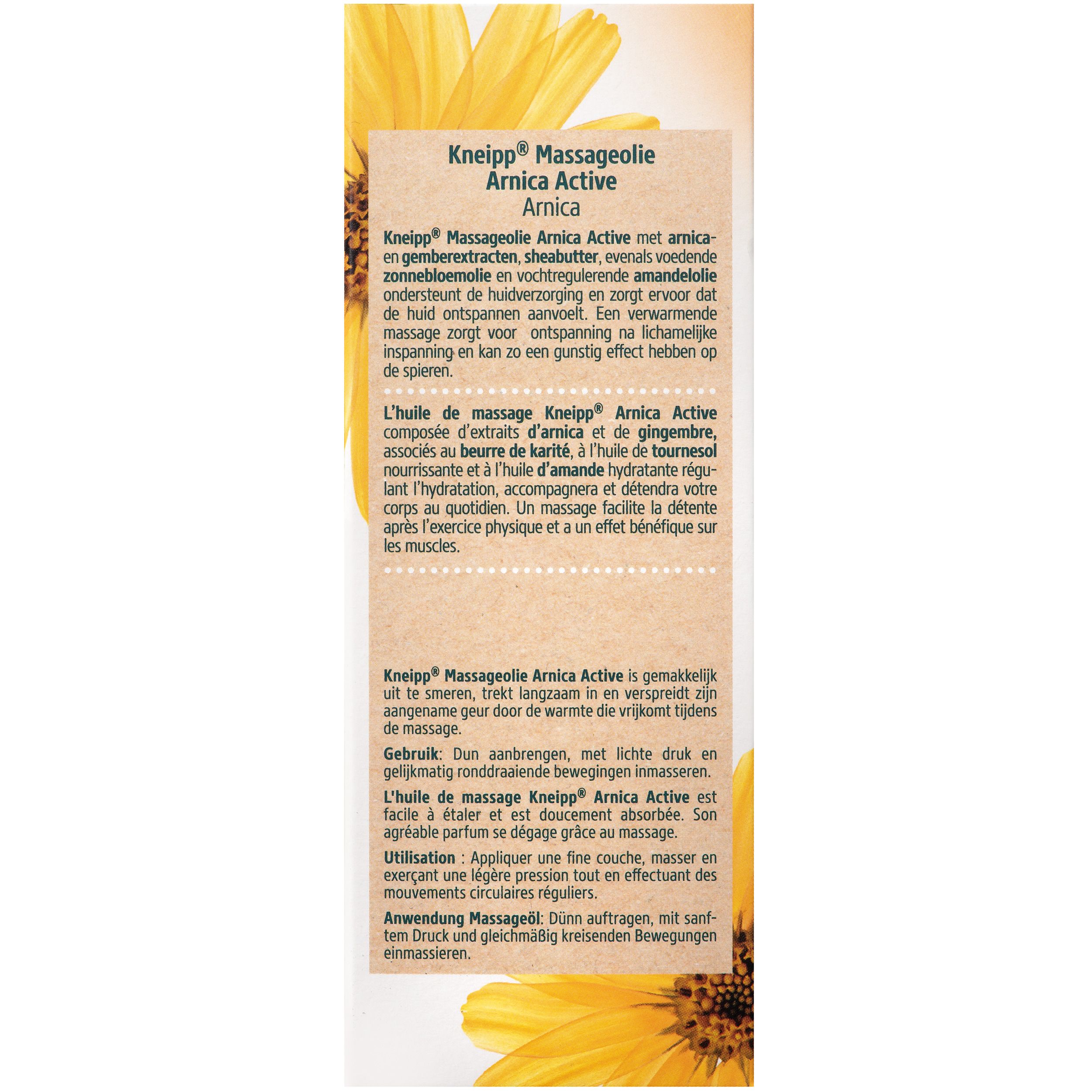 Kneipp® Arnica Massageolie. Achterkant van de fles met gebruiksaanwijzing in meerdere talen.