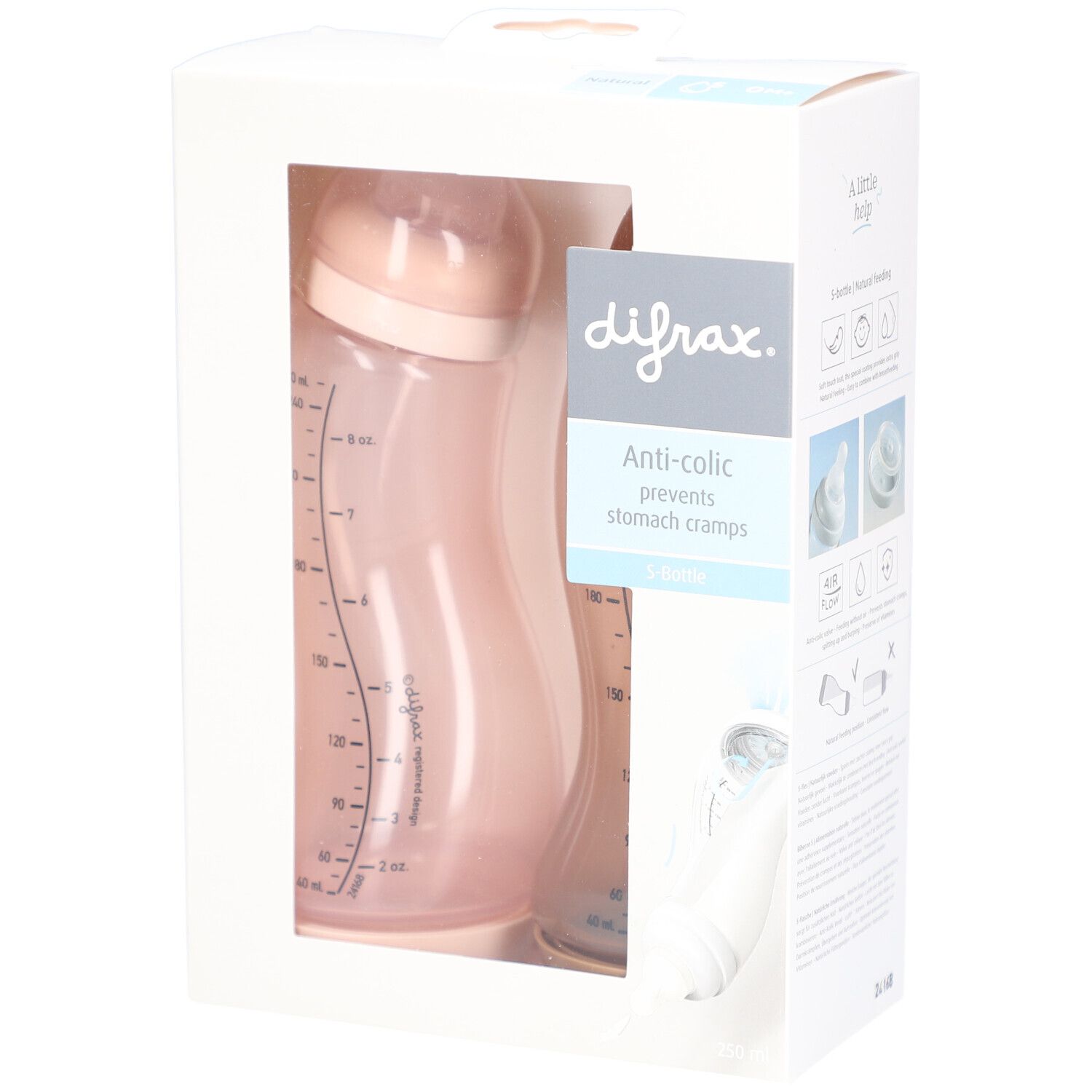 Emballage avec deux biberons roses. Échelle de mesure visible. Marque Difrax. Fonction anti-colique.