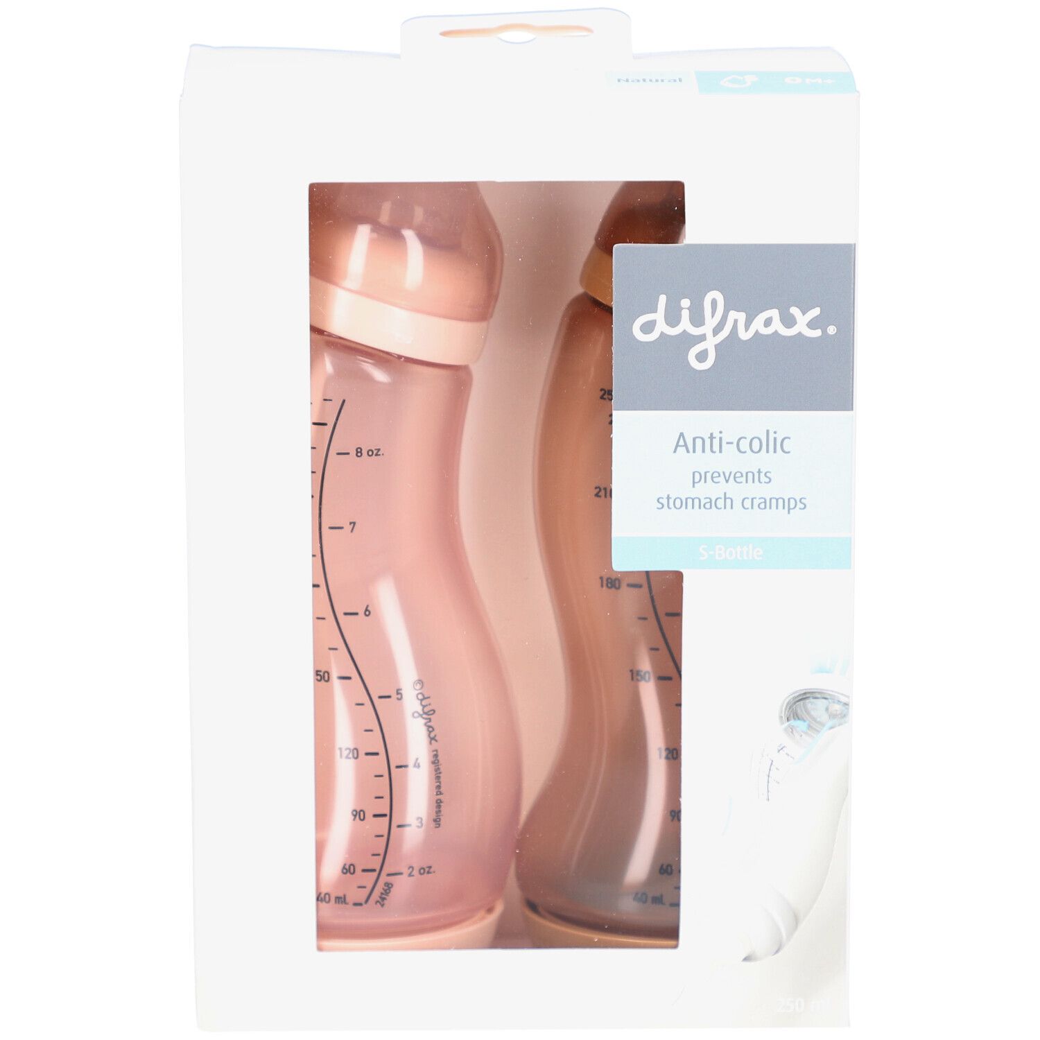 Emballage avec deux biberons. Biberons roses et marrons. Marque Difrax. Anti-colique.