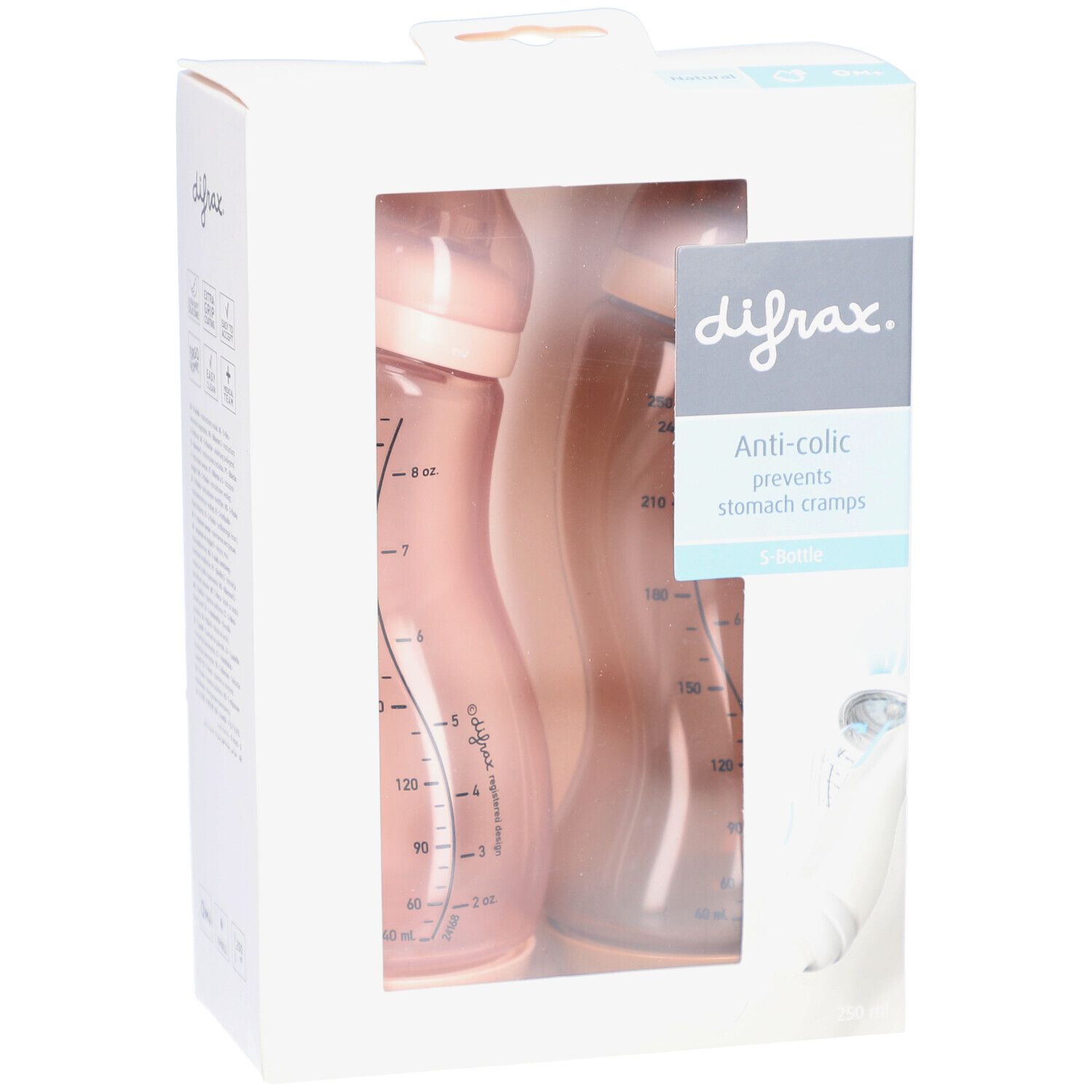 Emballage avec deux biberons. Biberons roses et marrons. Marque Difrax. Anti-colique.