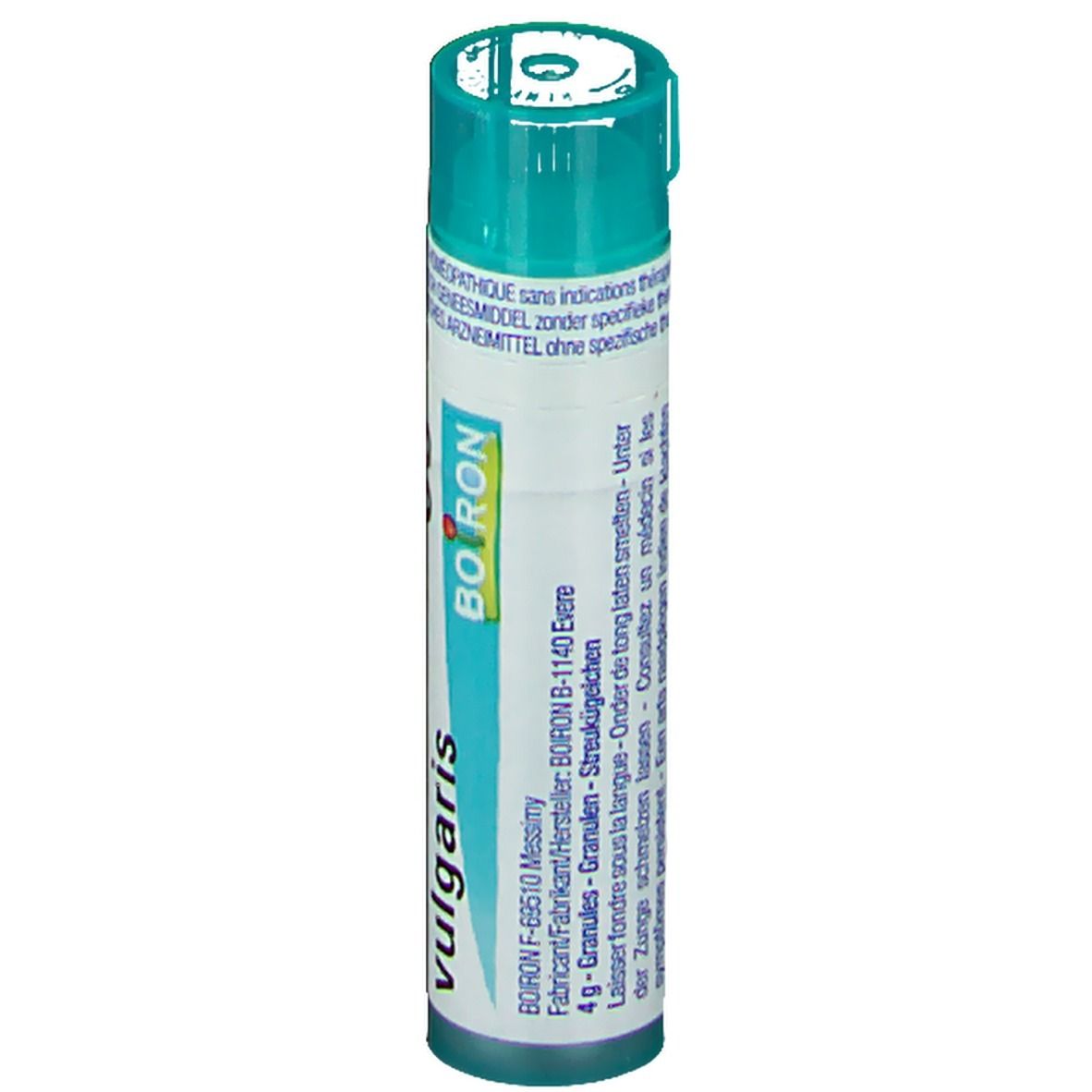 Flacon cylindrique vert. Inscription: Boiron, vulgaris. Texte au dos.