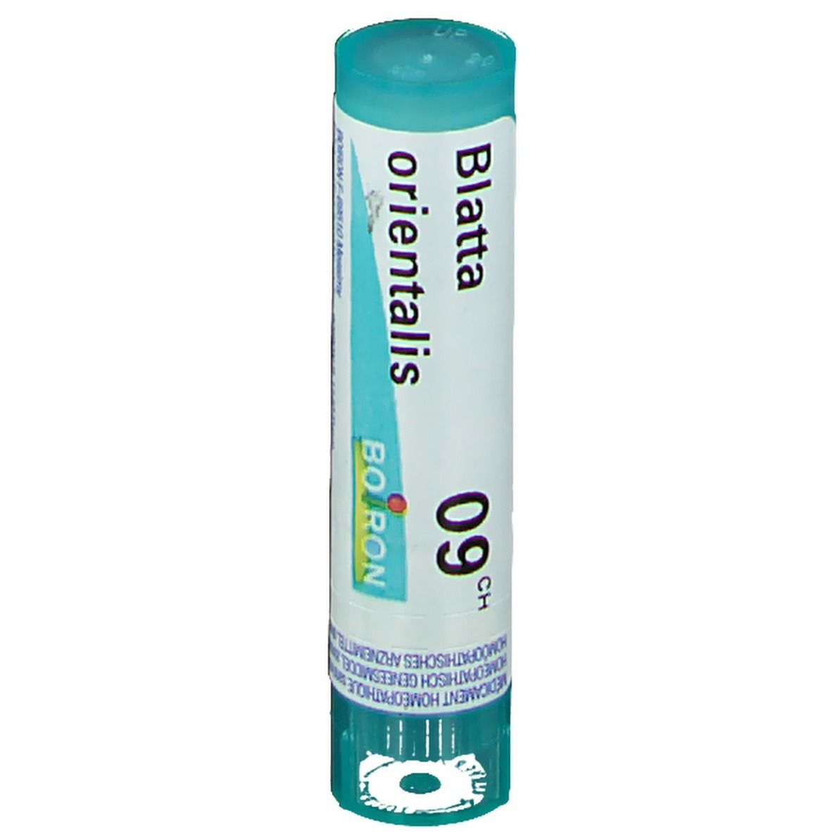Tube cylindrique avec l'inscription "Blatta orientalis 09 CH" et le logo Boiron.