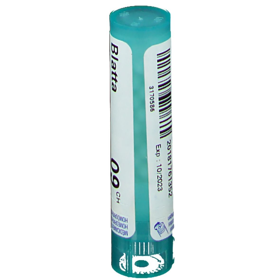 Tube cylindrique avec code-barres, "Blatta" et "09 CH". Contient une date d'expiration.
