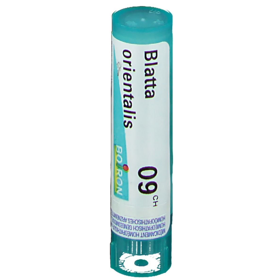 Tube cylindrique avec "Blatta orientalis 09 CH" et le logo Boiron.
