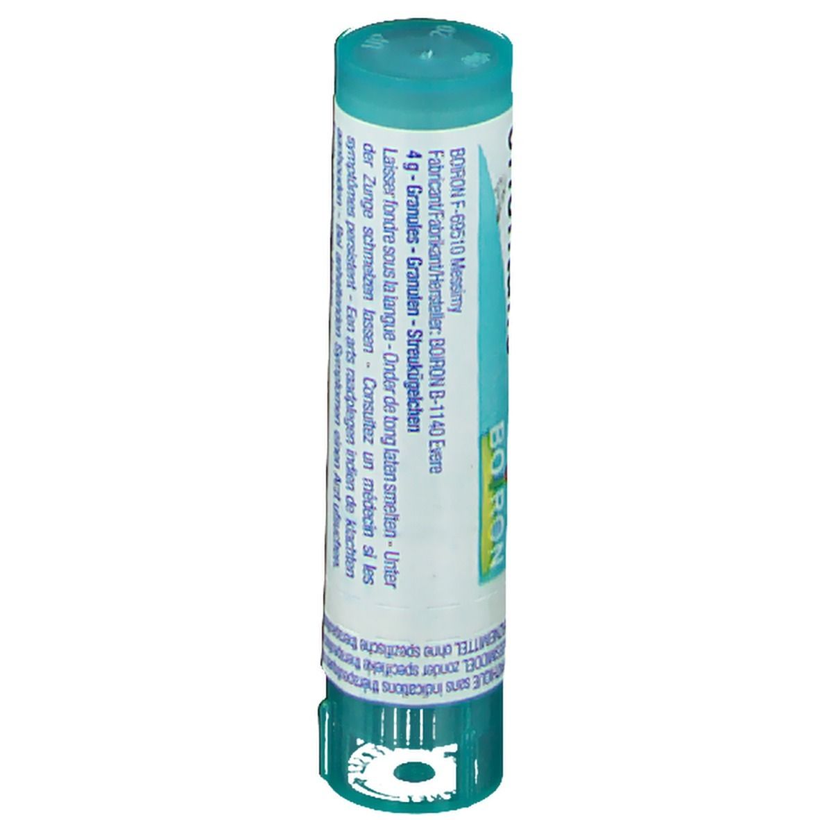 Tube cylindrique avec texte, logo Boiron et "4 g Granules".