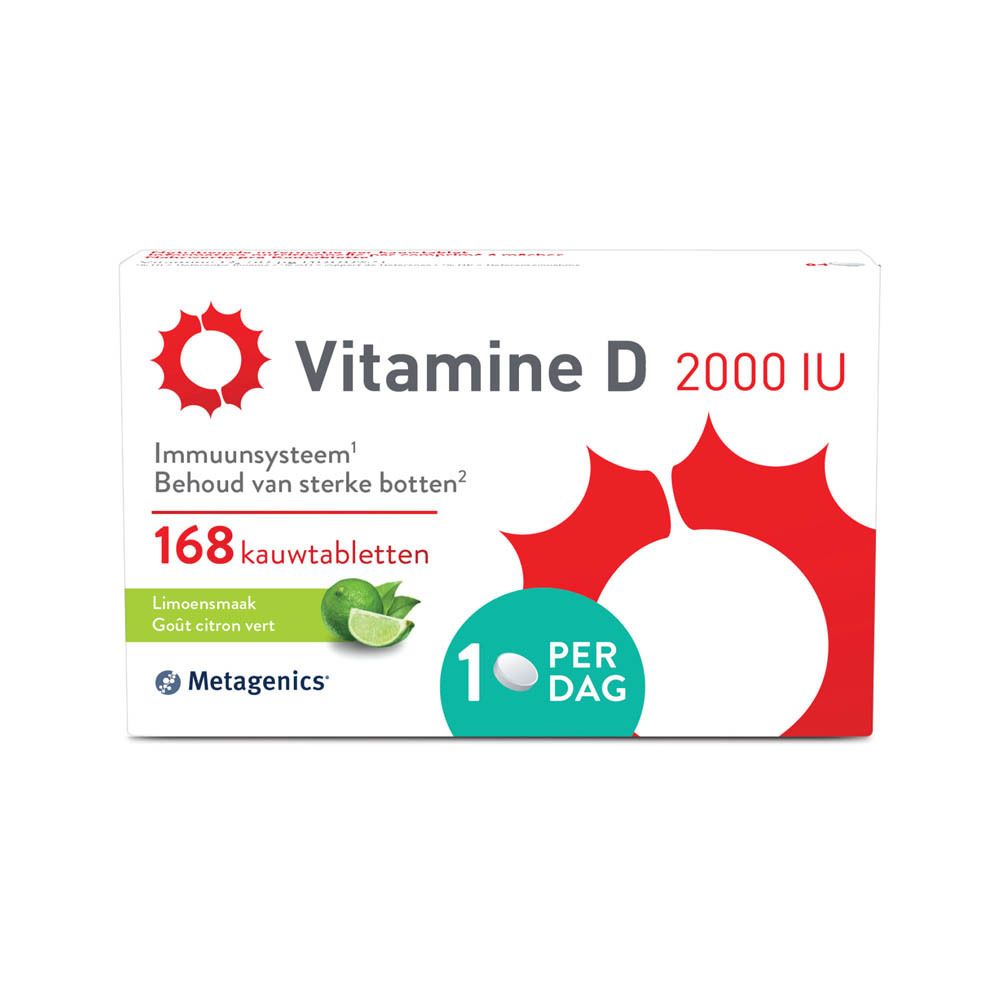 Witte doos "Vitamine D 2000 IU". Rood cirkeldesign. 168 kauwtabletten. Limoensmaak. Merk: Metagenics.