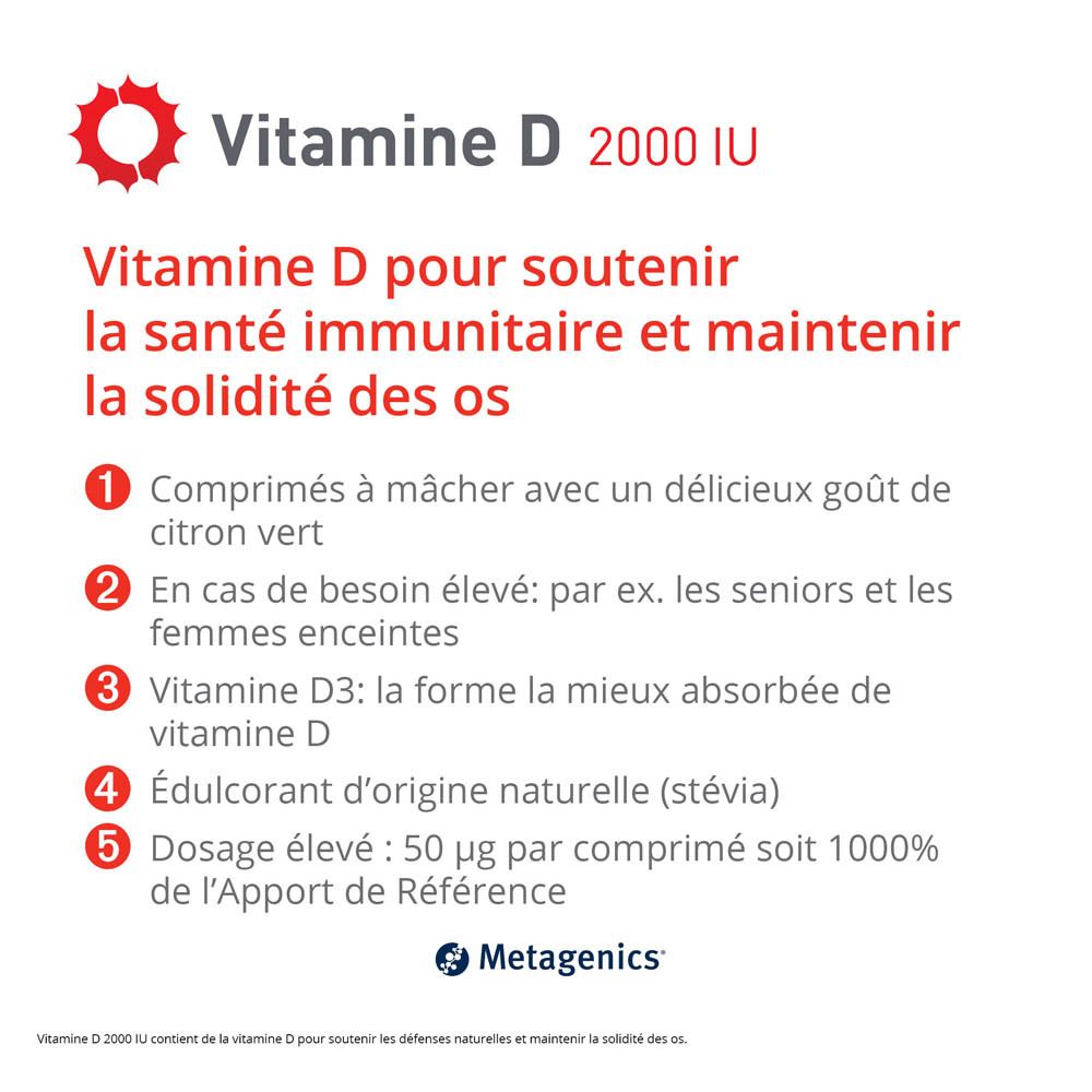 Boîte blanche "Vitamine D 2000 IU". Design cercle rouge. 168 comprimés à mâcher. Goût citron vert. Marque: Metagenics.
