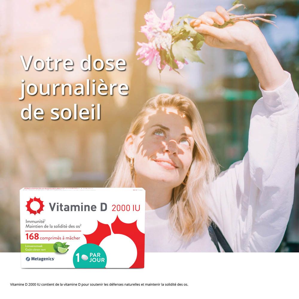 Boîte blanche "Vitamine D 2000 IU". Design cercle rouge. 168 comprimés à mâcher. Goût citron vert. Marque: Metagenics.