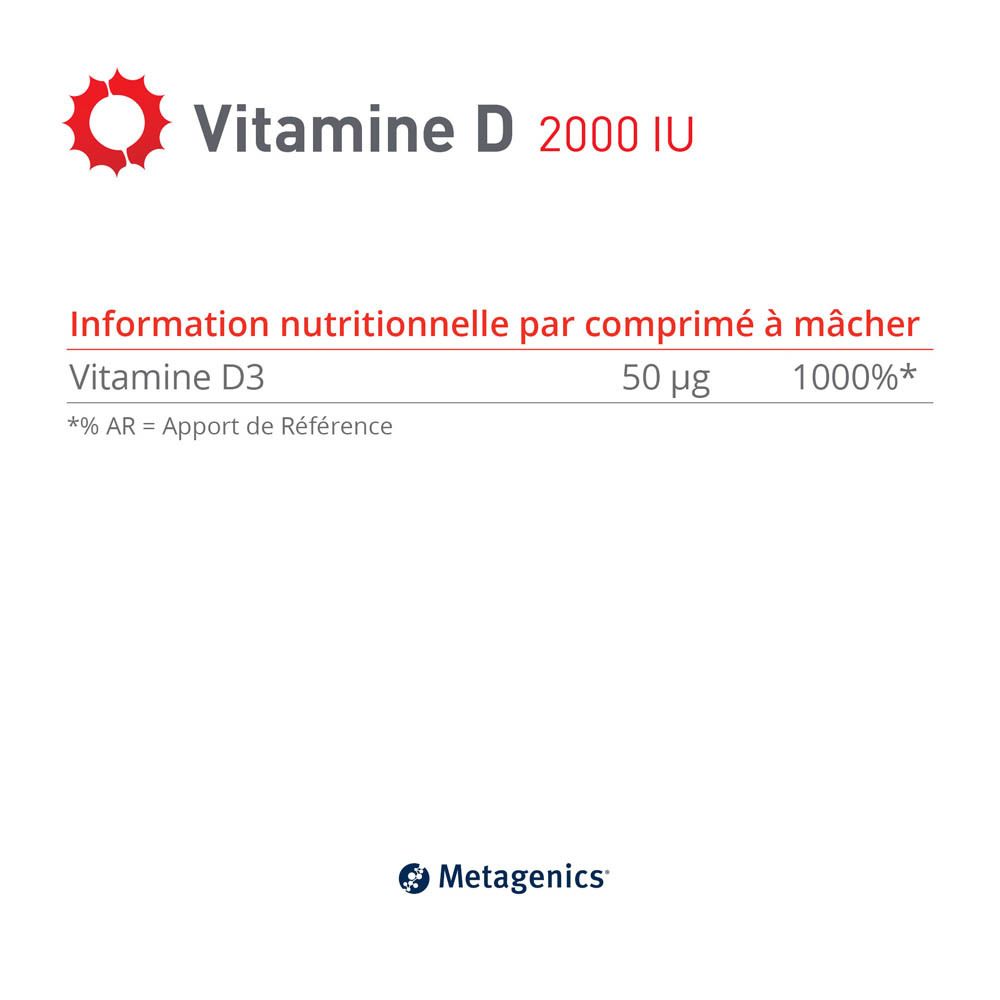 Boîte blanche "Vitamine D 2000 IU". Design cercle rouge. 168 comprimés à mâcher. Goût citron vert. Marque: Metagenics.