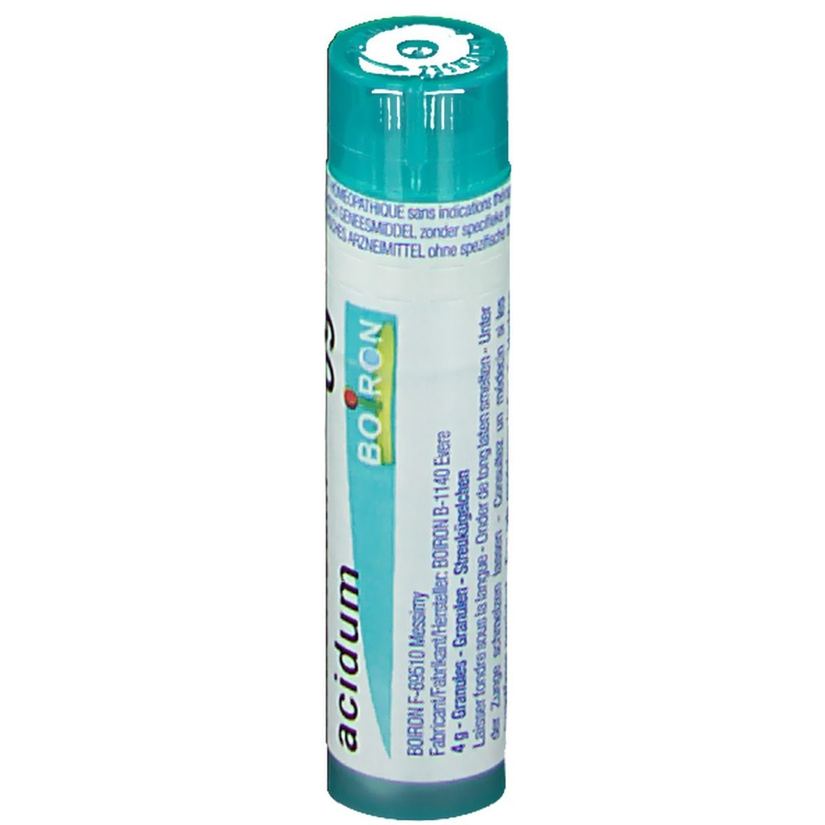Cilindrische tube met groene dop. Opschrift Boiron. Etiket met tekst en informatie.