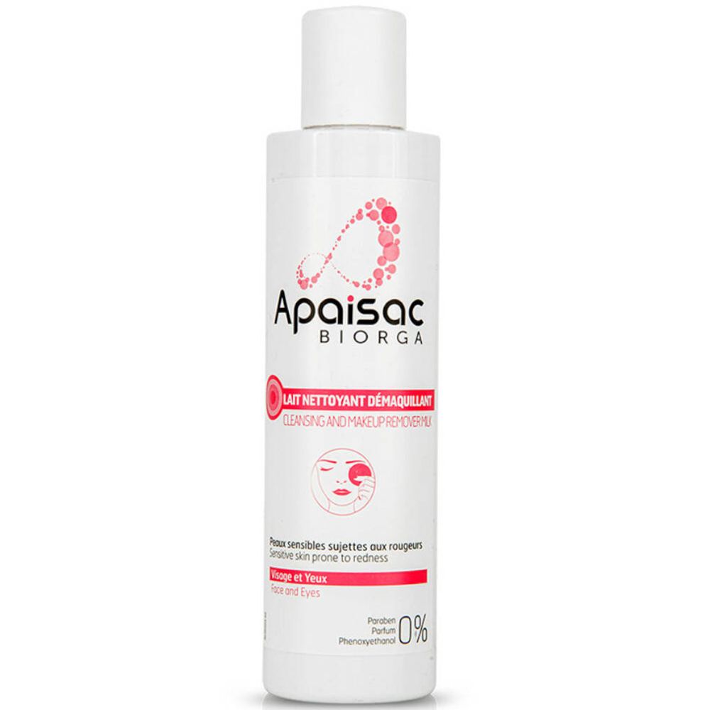 Flacon de lait nettoyant. Blanc, accents roses. Inscription: Apaisac Biorga, Lait Nettoyant Démaquillant. Pour peaux sensibles.