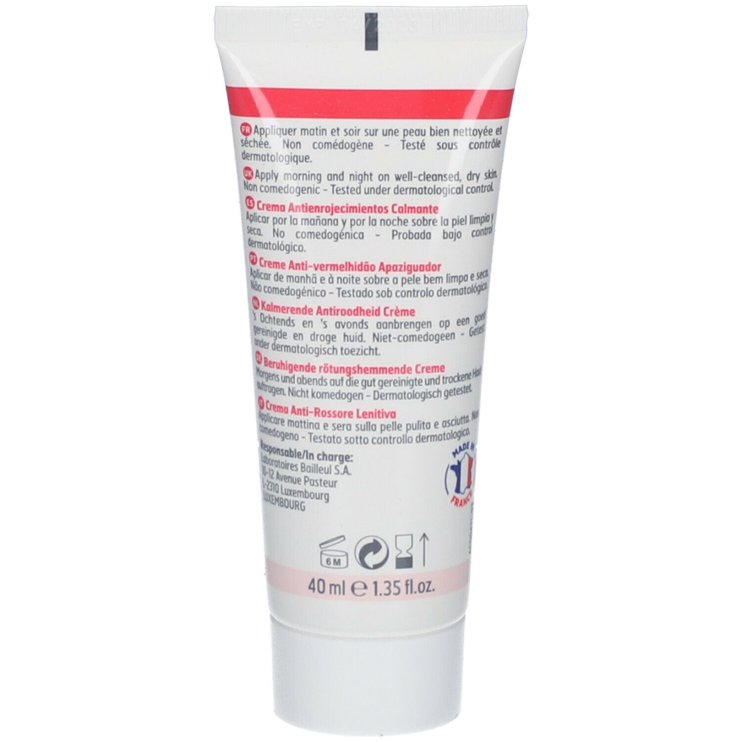Dos du tube de crème. Texte multilingue. Informations d'utilisation et ingrédients. Volume: 40 ml.
