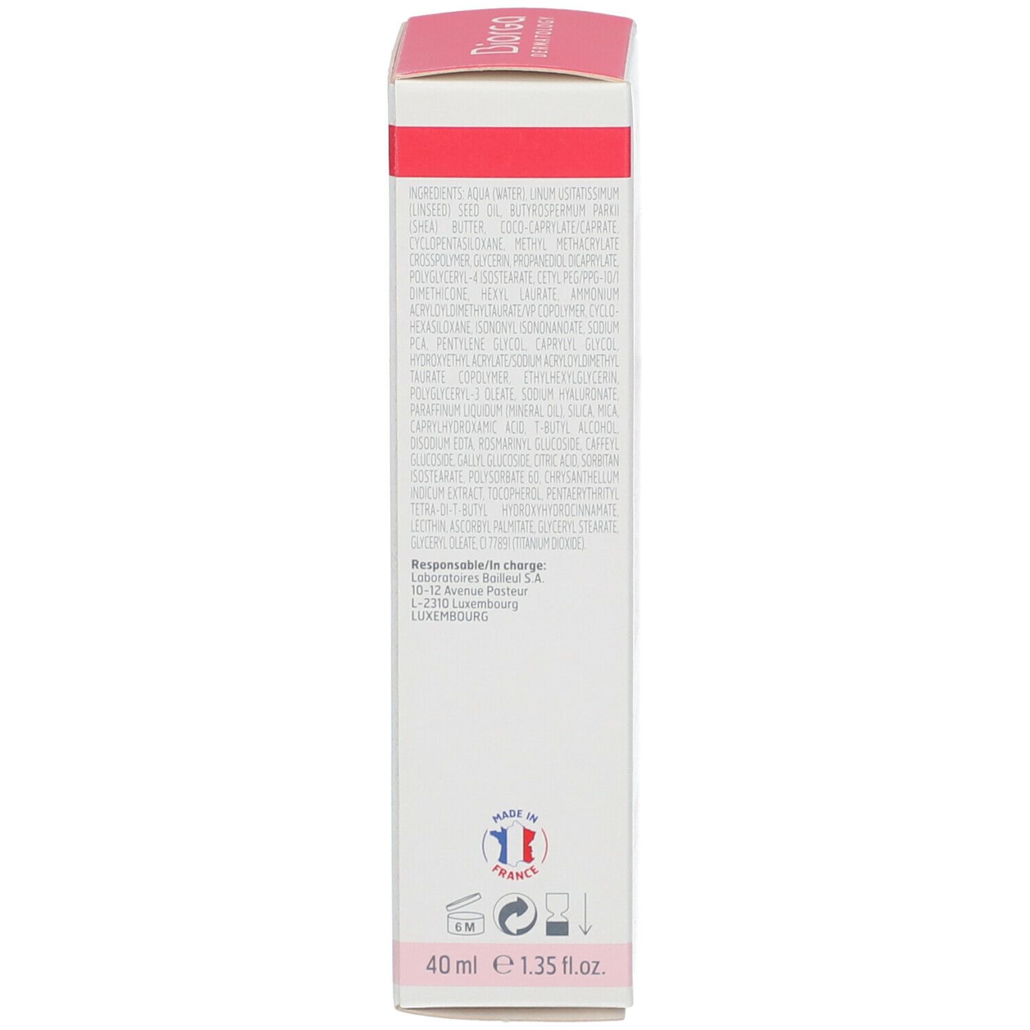 Vue latérale de la boîte en carton. Texte avec ingrédients et informations fabricant. Volume: 40 ml.
