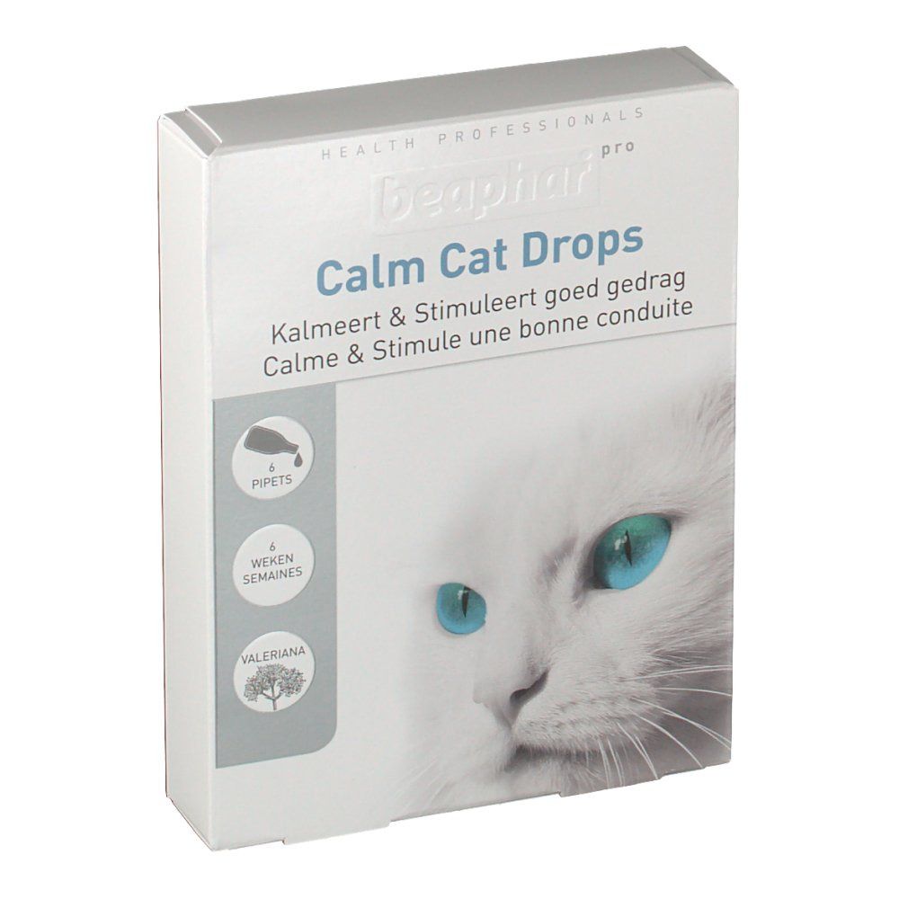 Boîte Calm Cat Drops, chat aux yeux bleus. Contient 4 pipettes, 4 semaines, valériane. Inscription en néerlandais et français.