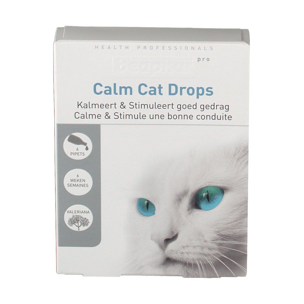 Boîte Calm Cat Drops. Chat aux yeux bleus. Contient 4 pipettes, 4 semaines, valériane. Texte en néerlandais et français.