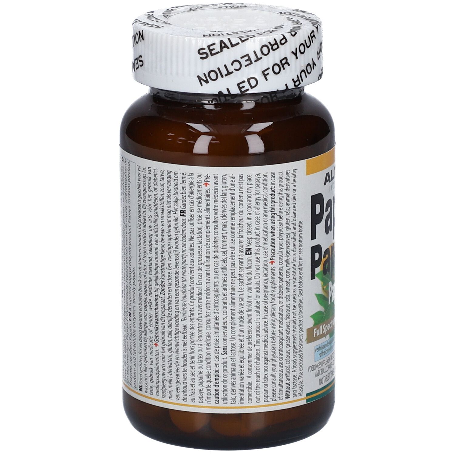 Flacon de comprimés brun avec couvercle blanc. Texte sur le flacon. Sceau : SEALED FOR YOUR PROTECTION.