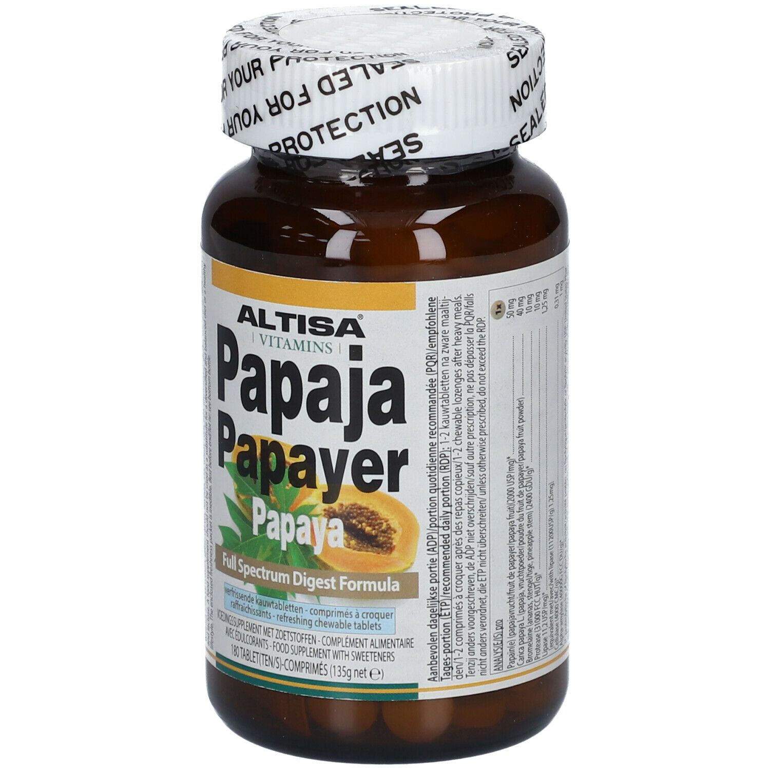 Flacon de comprimés brun avec couvercle blanc. Inscription : ALTISA Papaya. Sceau : SEALED FOR YOUR PROTECTION.