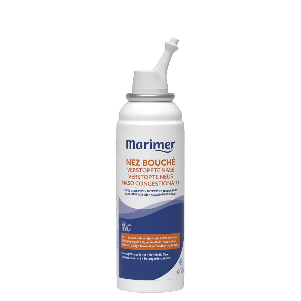 Neusspray met tekst. Opschrift: marimer, Nez bouché, Verstopfte Nase, Naso Congestionato.