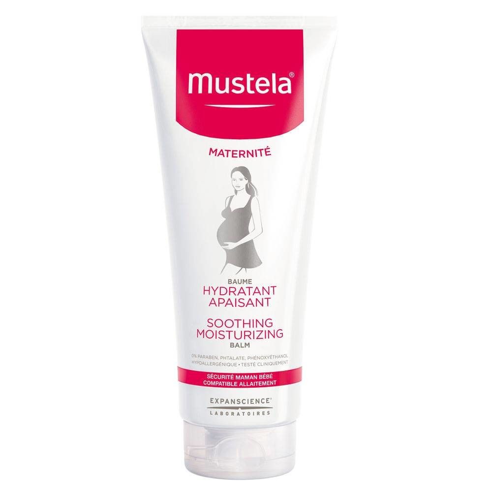 Tube blanche et rouge. Nom du produit et illustration de femme enceinte. Texte: Baume Hydratant Apaisant, Soothing Moisturizing Balm.