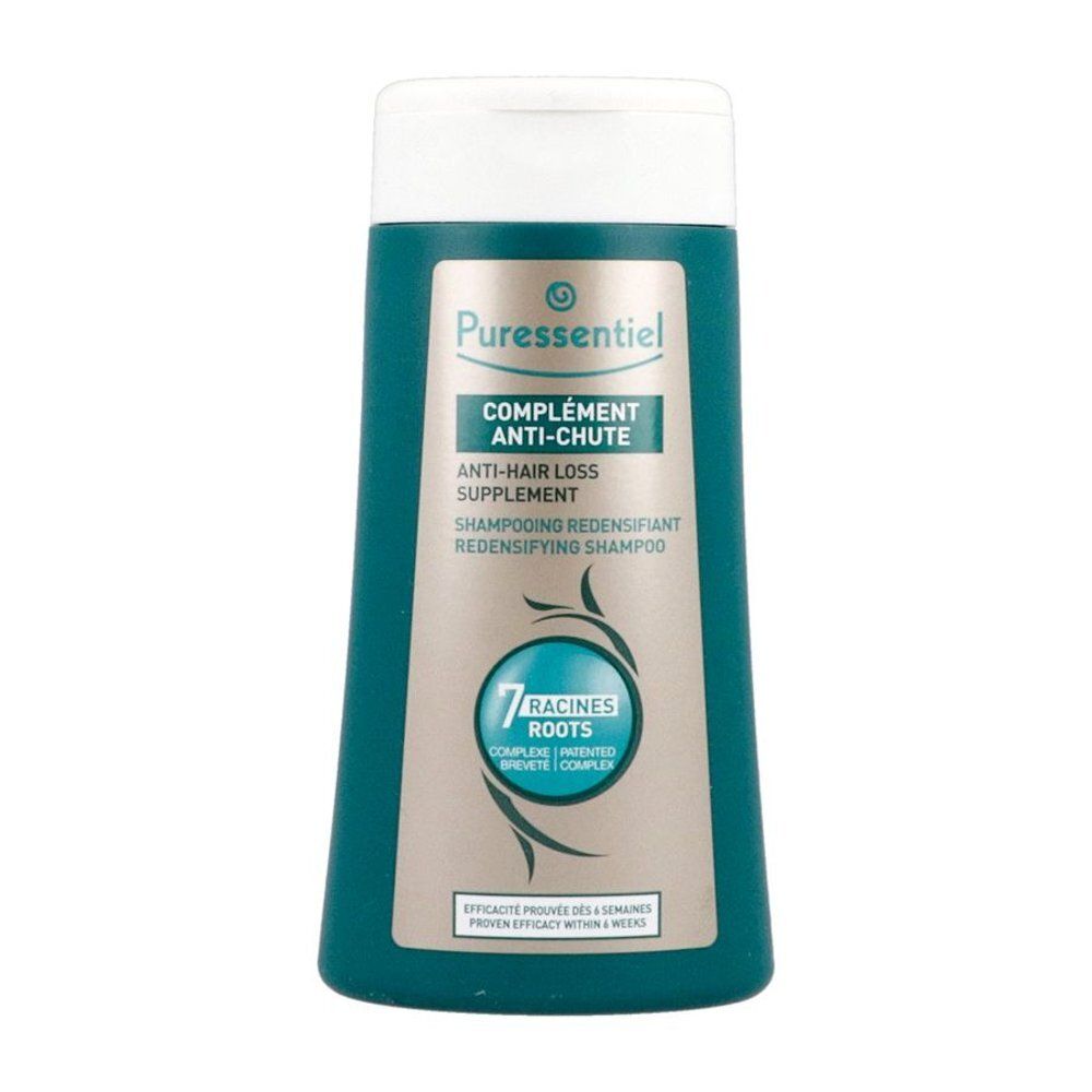Flacon vert avec bouchon blanc. Inscription: Puressentiel, Complément Anti-Chute, Shampooing Redensifiant. Contient 7 Racines.