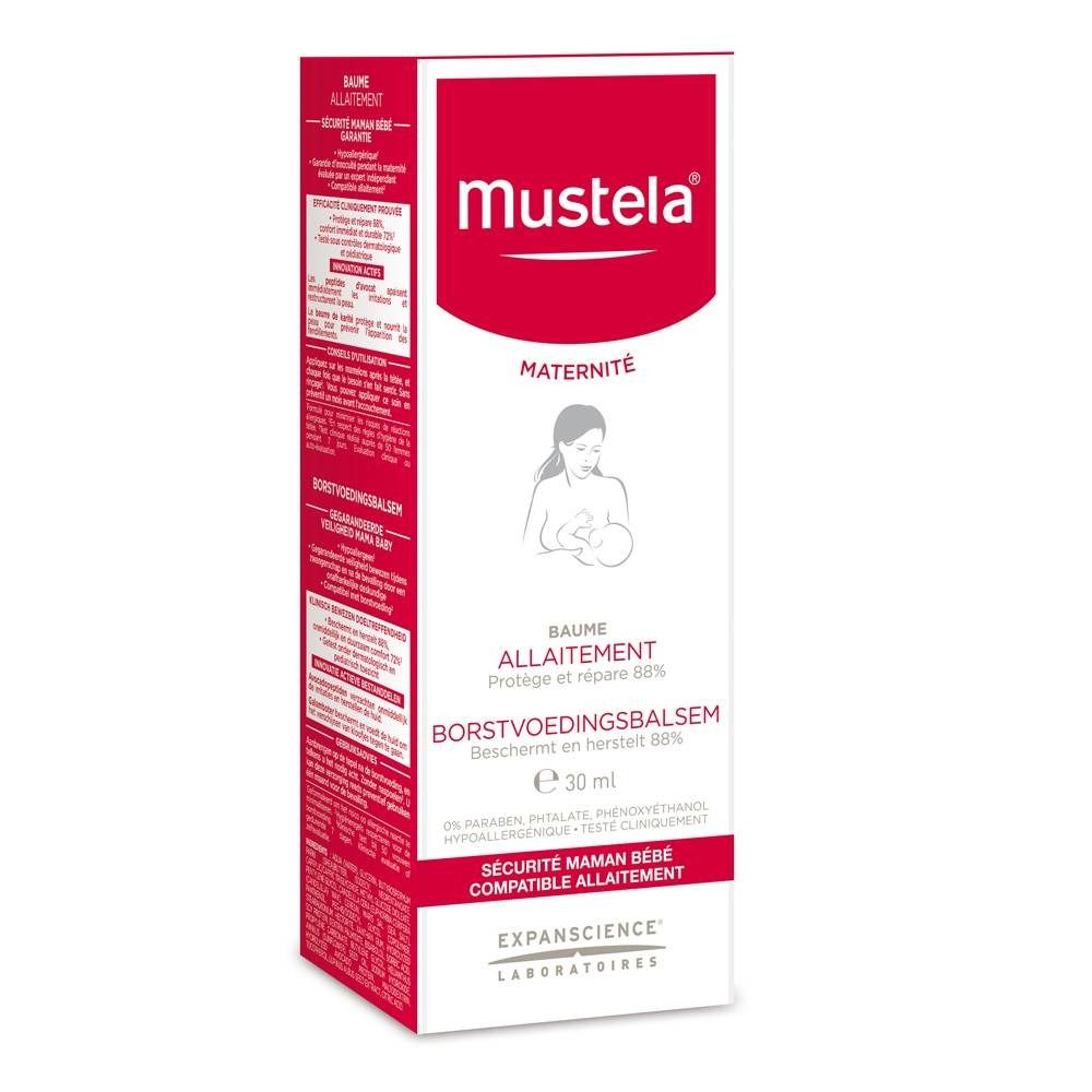 Boîte rouge et blanche. Logo Mustela. Texte 'Maternité' et 'Baume Allaitement'. Illustration d'une femme allaitant. 30 ml.